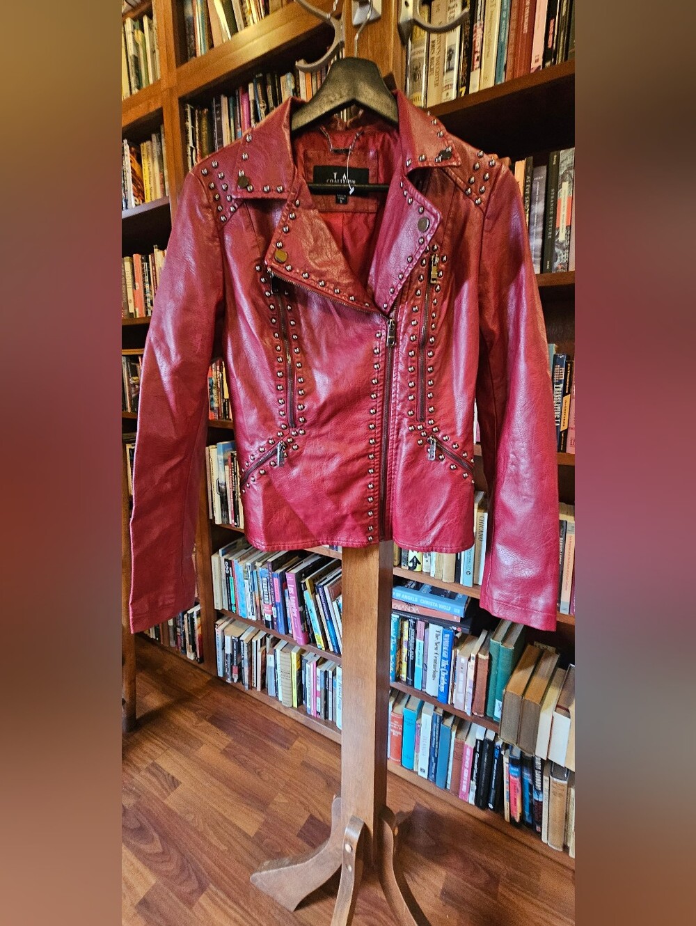 Red Studded Faux Leather Moto Jacket